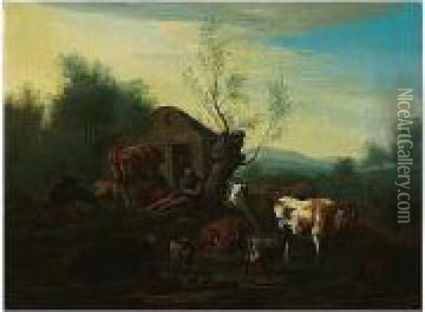 A Pastoral Landscape With A Herdsman Guarding His Cattle Oil Painting - Adriaen van Utrecht