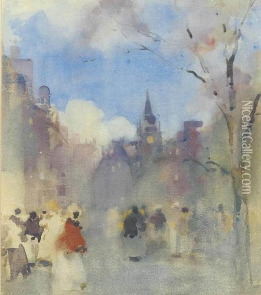 Figures On The Royal Mile, Edinburgh With St. Giles' Cathedral In The Distance Oil Painting - James Watterston Herald