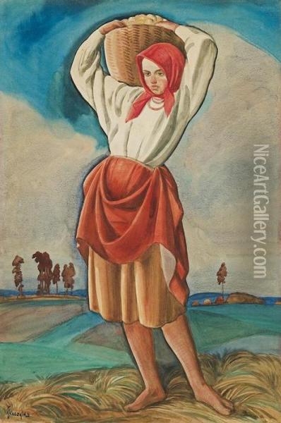 Girl With A Basket Oil Painting - Wladyslaw Skoczylas