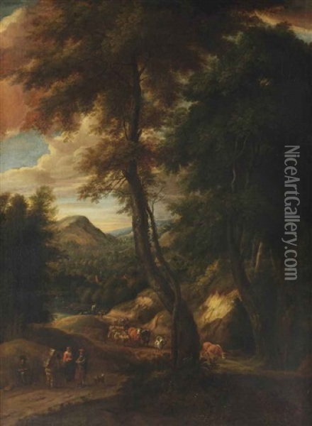 A Hilly Forest Landscape With Travellers And Cattle On A Path Oil Painting - Cornelis Huysmans