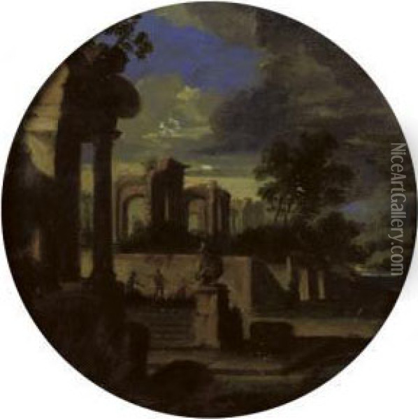 A 'capriccio' Of Classical Ruins In A Stormy Landscape Oil Painting - Jean Lemaire