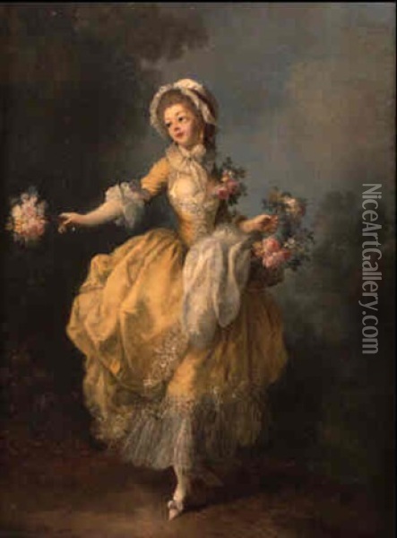 Bouquetiere Dansant, A La Robe Jaune, Le Corsage Orne De Roses Oil Painting - Jean-Frederic Schall