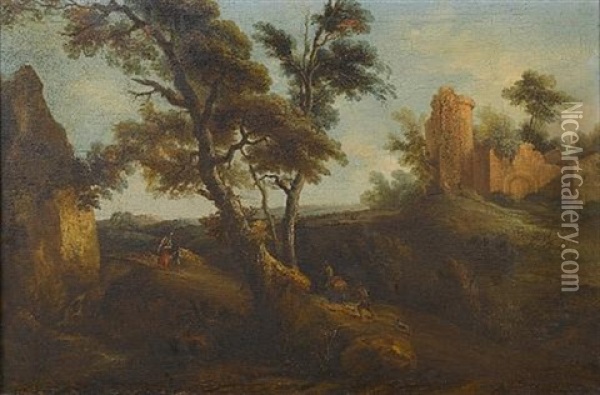 An Italianate Landscape With Travellers On A Country Path Before Ruins Oil Painting - Vittorio Amadeo Cignaroli