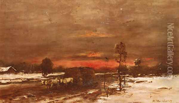 A Winter Landscape at Sunset Oil Painting - Mihaly Munkacsy