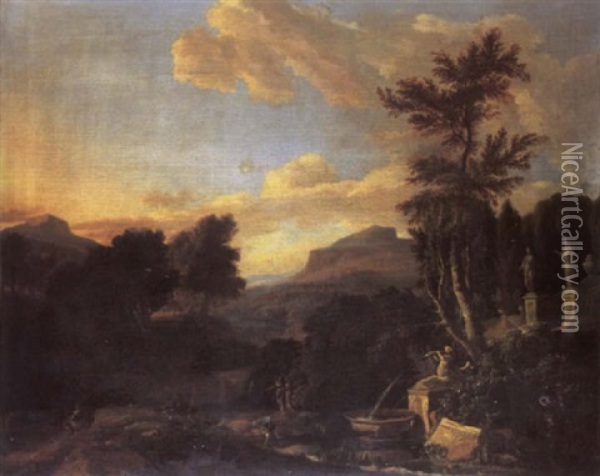 An Italianate Landscape With Figures Resting Before A Fountain Oil Painting - Jan Joost van Cossiau