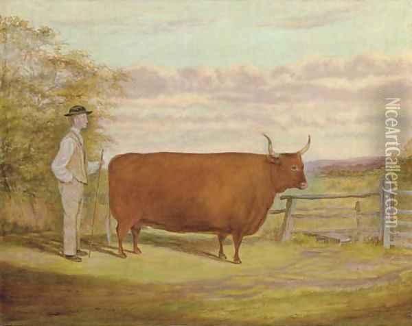 A Long-Horned bull with a farmer in a landscape Oil Painting - English School