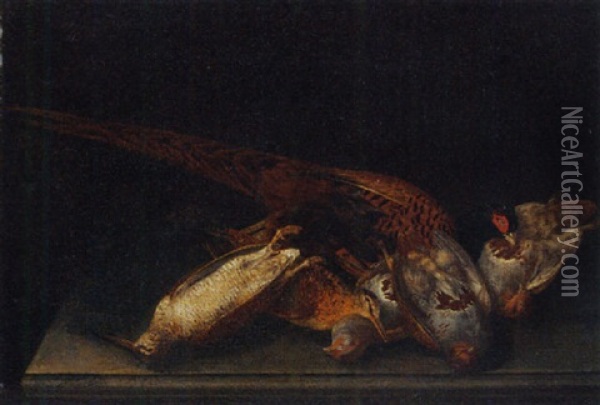 A Dead Pheasant, Partridge And Woodcock On A Stone Ledge Oil Painting - Philipp Ferdinand de Hamilton