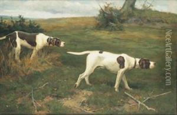 English Pointers On The Hunt Oil Painting - Alfred Duke