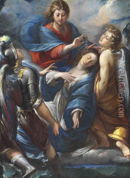 Christ Baptising Mary Magdalene Supported By The Archangels Michael And Raphael Oil Painting - Giulio Cesare Procaccini