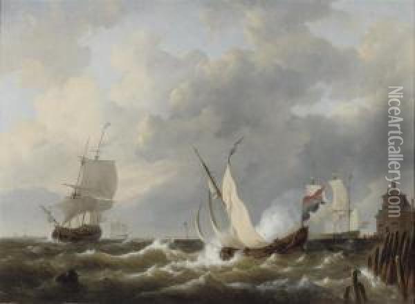 Sailing On Choppy Waters Off The Dutch Coast Oil Painting - George Willem Opdenhoff