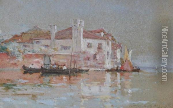 Boats And Riverside Buildings Oil Painting - Terrick John Williams