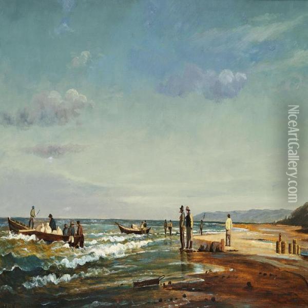 Fishermen On The Beach Under A Blue Sky Oil Painting - Peter Johann Raadsig