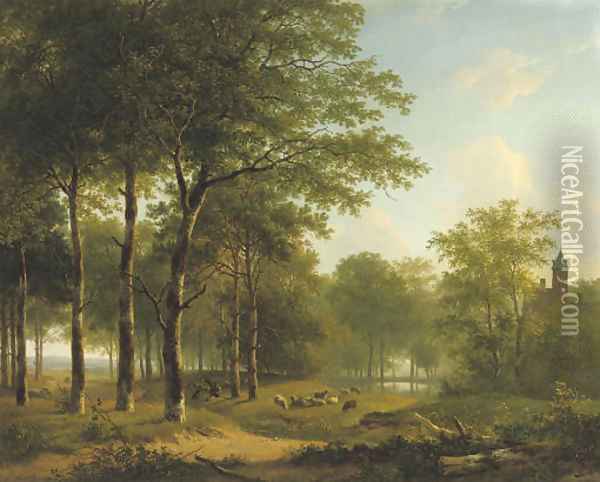 A shepherd and his flock on castle grounds Oil Painting - Andreas Schelfhout
