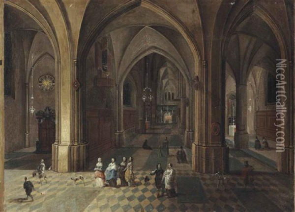 Interior Of A Gothic Church With Elegant Figures And A Dog In The Foreground Oil Painting - Peeter Neeffs the Younger