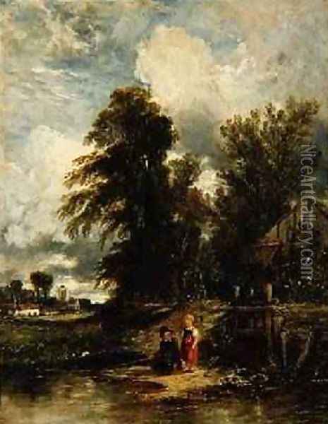Millpond with children fishing 1843 Oil Painting - William James Muller