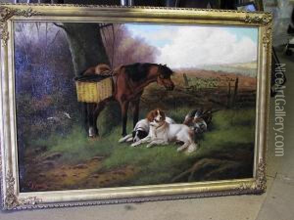 A Pony And Gundogs With Game In A Landscape Oil Painting - John Gifford