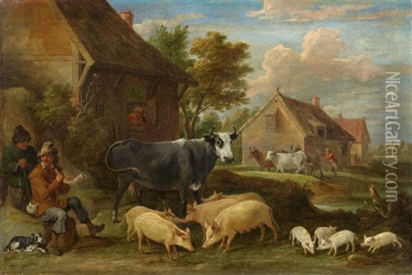Village Landscape With Shepherds And Animals Oil Painting - David Teniers the Younger