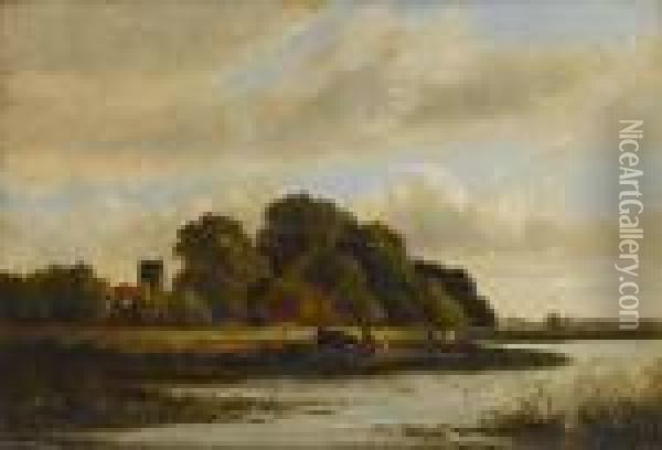 Cattle Watering, Wargrave, Berks Oil Painting - Sidney Richard Percy