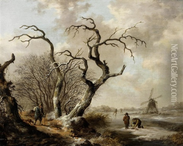 A Winter Landscape With A Man Walking His Dog Beside A Frozen River With Skaters And A Windmill Beyond; And A Winter Landscape With A Skater On A Frozen River Beside A Bridge With A Horse-drawn Sled And Church Beyond (2) Oil Painting - Heinrich Wilhelm Schweickardt