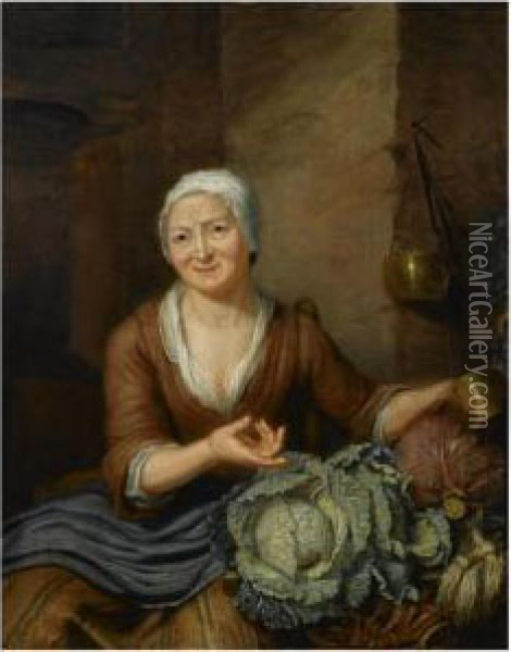 A Woman In A Barn Interior With Cabbages And Carrots Oil Painting - Hieronymus Van Der My