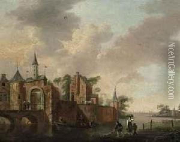 A Fortified City Gate Oil Painting - Hendrick Willelm Schweickhardt