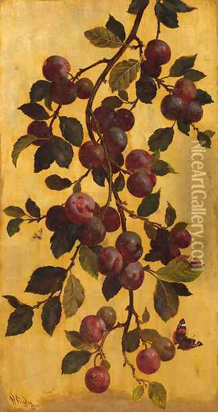A branch with plums against a gold background Oil Painting - William Hughes