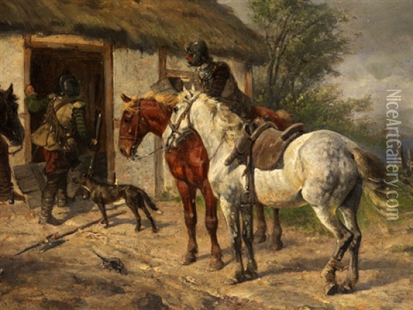Soldaten Vor Einer Bauernhutte Oil Painting - Wilhelm Karl Raeuber