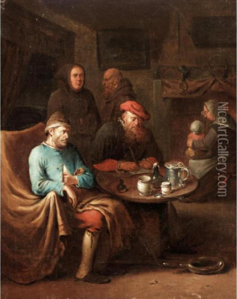 Interior With A Doctor And Monks Visiting An Invalid Oil Painting - Egbert Ii Van Heemskerck