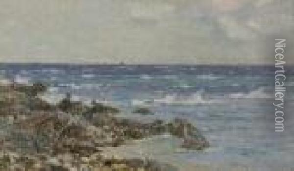A Coastal Scene With Boys On The Rocks Oil Painting - Robert Mcgown Coventry