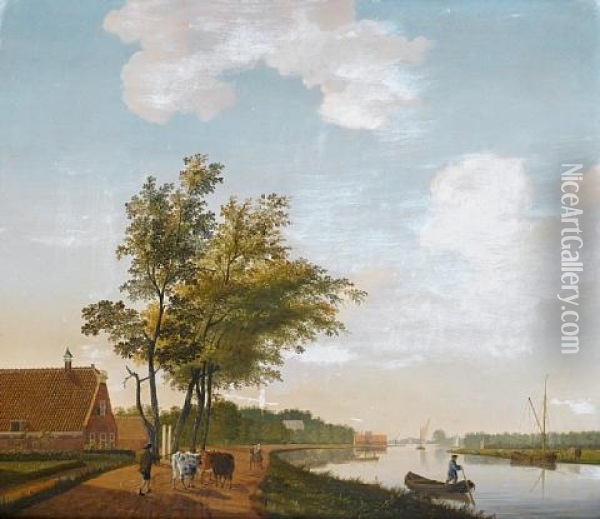 An Extensive River Landscape With A Drover And His Cattle On A Country Path (+ A Canal With Figures In A Barge And A Windmill Beyond; Pair) Oil Painting - Hendrik Keun