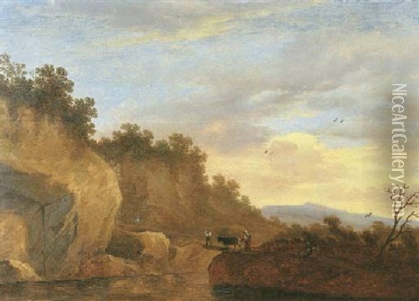 An Italianate Landscape With Travellers And A Cow Crossing A Bridge Oil Painting - Pieter De Molijn