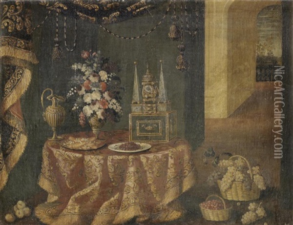 A Bronze Urn Of Flowers With A Dish Of Sweetmeats And A Clock Together On A Draped Table Oil Painting - Antonio Gianlisi