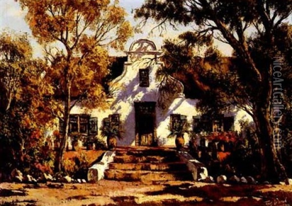A Cape Dutch Manor House Amidst Trees Oil Painting - Tinus de Jongh