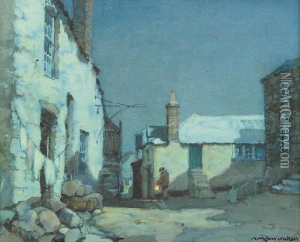 A Figure With A Lantern In A Village By Moonlight Oil Painting - Albert Moulton Foweraker