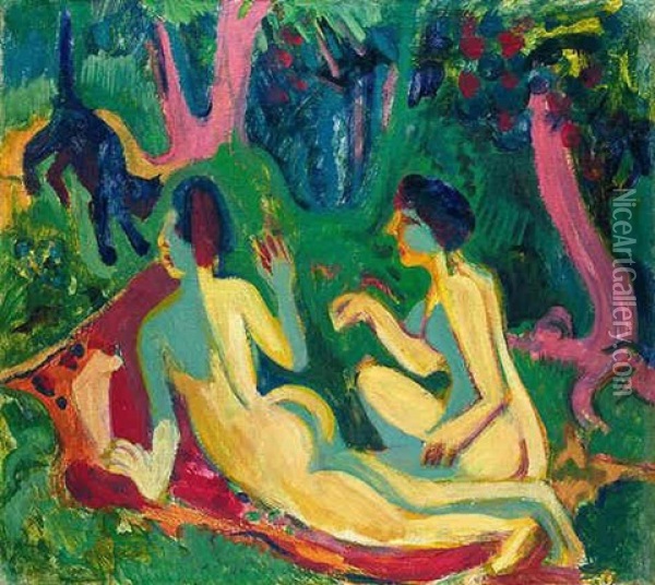 Akte Im Wald Mit Katze Oil Painting - Ernst Ludwig Kirchner