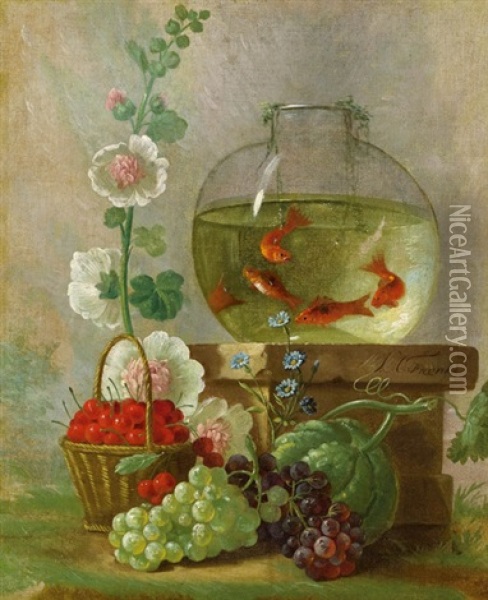 Stillleben Mit Goldfischen, Kirschen Und Blumen Oil Painting - Johannes Hendrik Fredriks