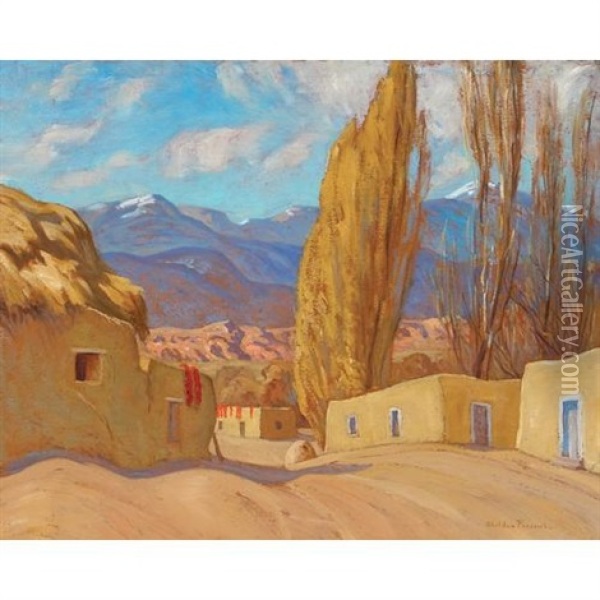Red Chiles, New Mexico Adobes Oil Painting - Sheldon Parsons
