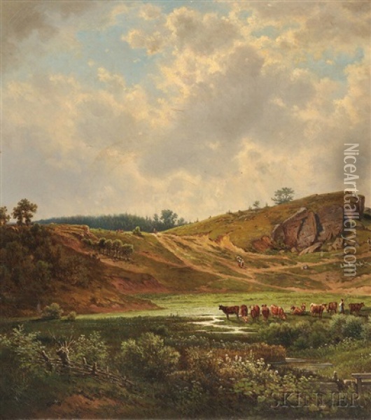 Landscape With Cattle Watering Oil Painting - Wenzel Kroupa