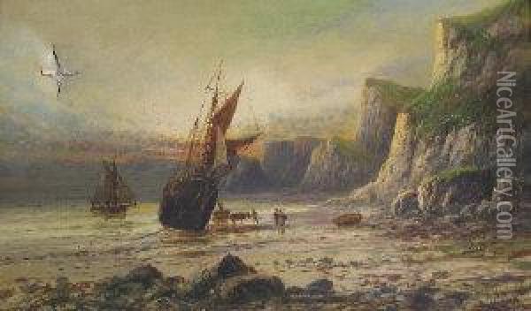 Figures By A Beached Vessel With Rockyheadland Oil Painting - Frank Hider