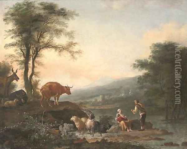 A river landscape with a shepherd, his family and their cattle Oil Painting - Adam Pynacker