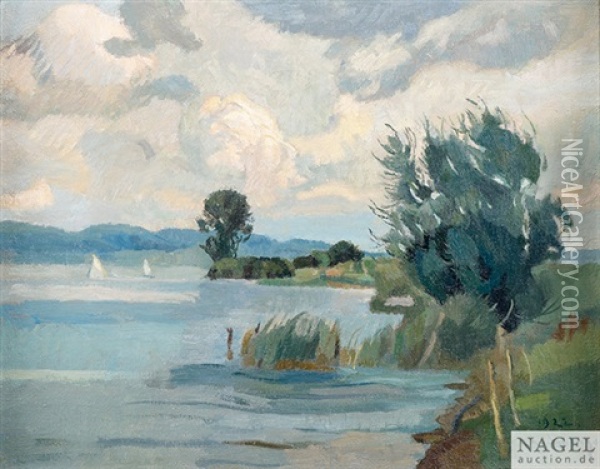 Landschaft Am Ammersee Mit Segelbooten, 1922 Oil Painting - Christian Landenberger