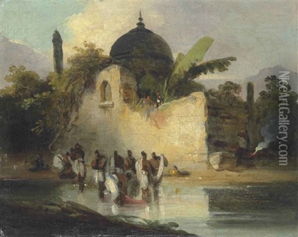 Indians Bathing By A Ruined Temple, Bengal Oil Painting - George Chinnery