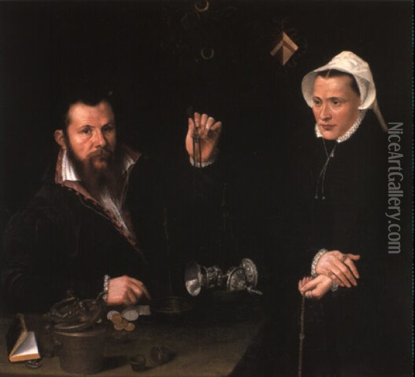 Portrait Of A Essai Master And His Wife At A Table Oil Painting - Nicolas Neufchatel