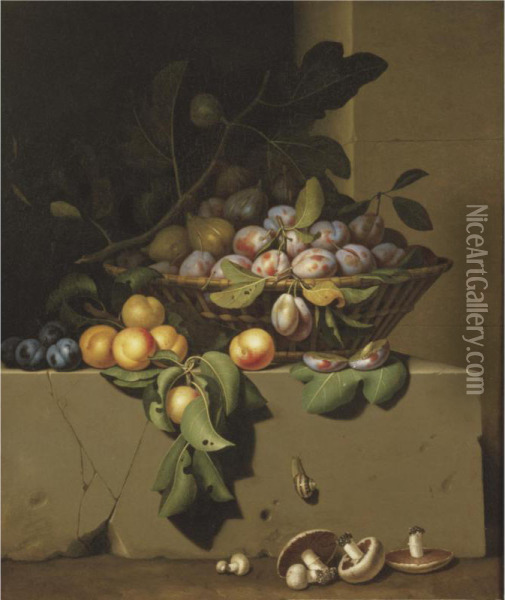 Plums And Figs In A Basket, With Apricots On A Stone Ledge, A Snail And Button Mushrooms Lower Down Oil Painting - Paul Liegeois