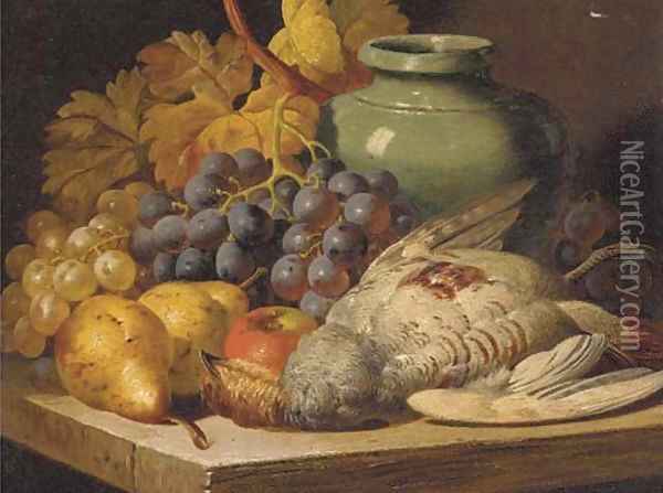 Grapes, pears, an apple, a jug and game on a shelf Oil Painting - Charles Thomas Bale