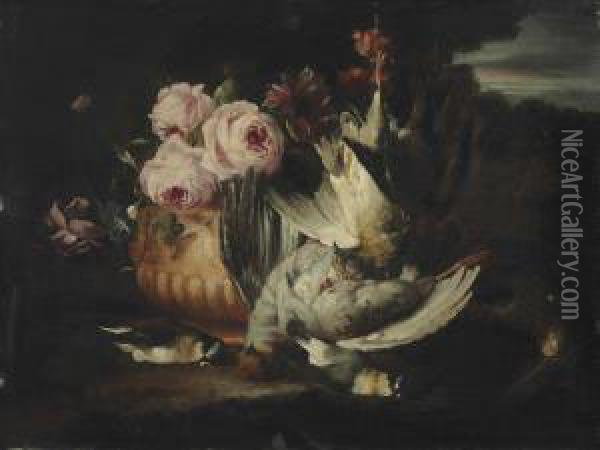 Flowers In A Terracotta Vase With Dead Game Oil Painting - Frans Werner Von Tamm
