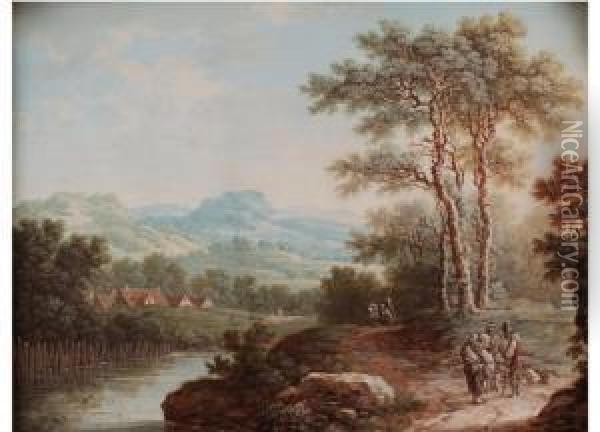 Gemaldepaar: Flusslandschaften Mit Staffagefiguren Oil Painting - Johann Georg Schutz