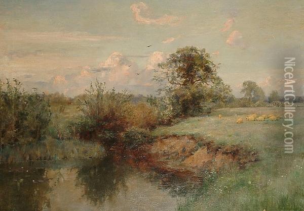 Sheep In A Water Meadow Oil Painting - Sir Alfred East