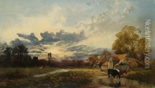 Cattle Watering By A Farm At Sunset Oil Painting - James Peel