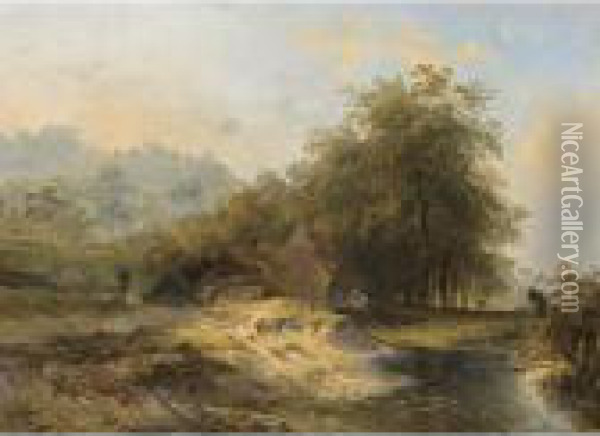 A Farm In A Summer Landscape Oil Painting - Wijnandus Johannes Josephus Nuijen
